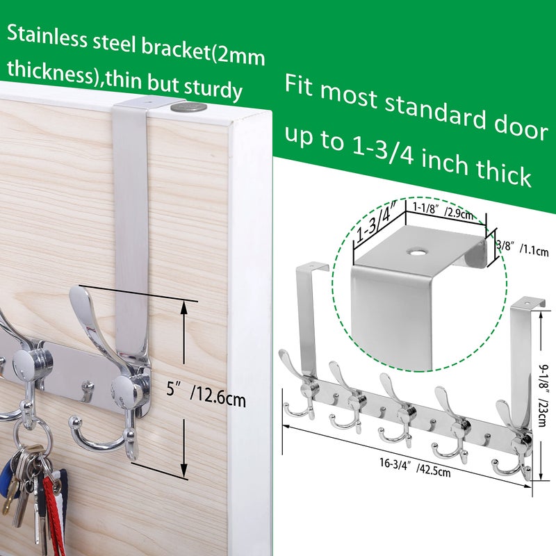 WEBI Over The Door Hook Door Hanger Hook Rack with 5 Tri Hooks for Hanging Coats, Over Door Towel Rack Door Coat Towel Hanger Over Door Coat Rack,Silver,2 Packs - Image 4